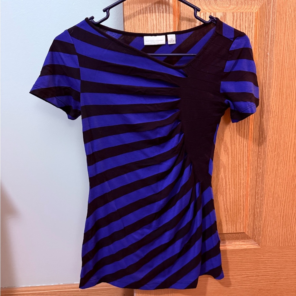 New York & Company Royal Blue and Black Striped Short Sleeve Top
